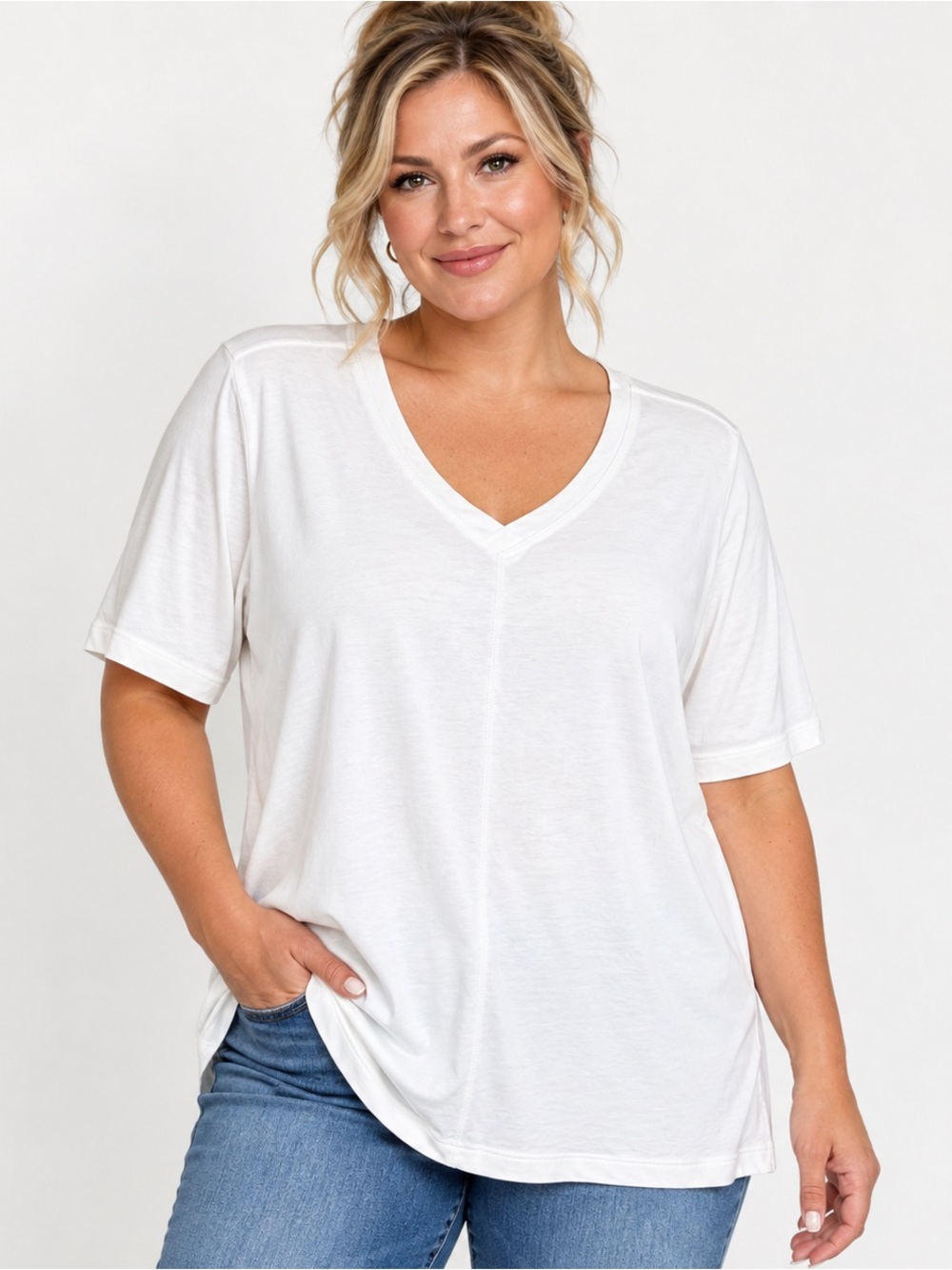 Denim & Co White V-Neck Short Sleeve Top Women’s Large NWOT